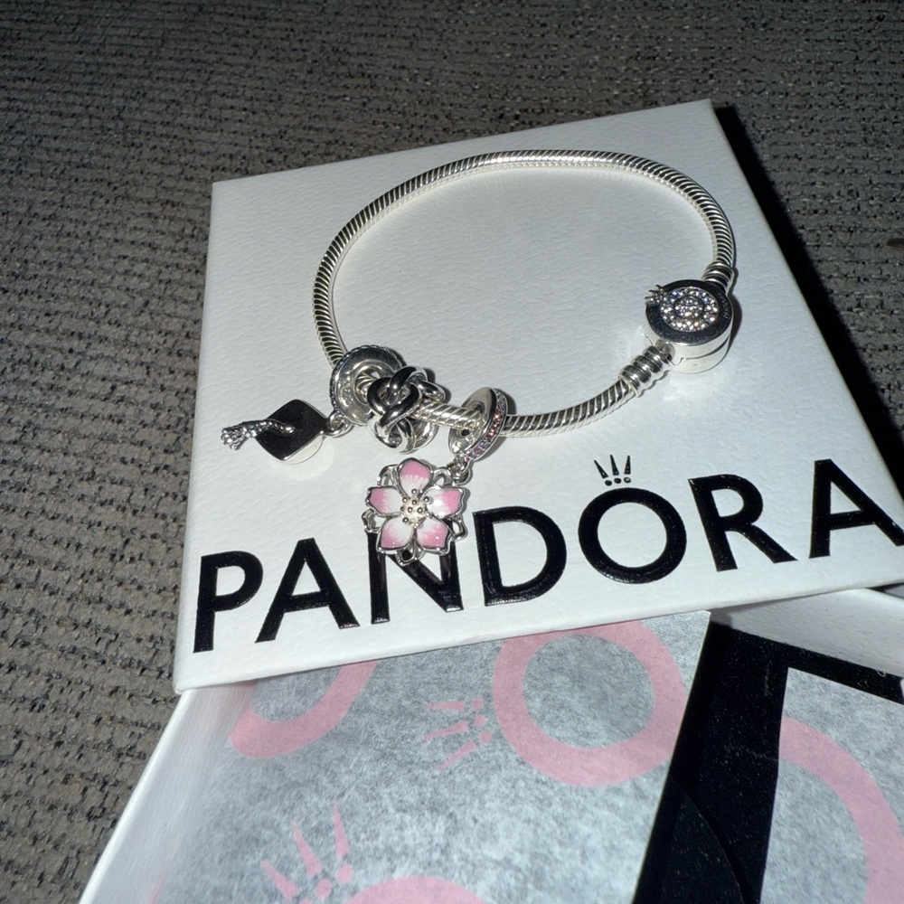 Pandora Silver Bracelet with Cherry Blossom Dangle Charm!